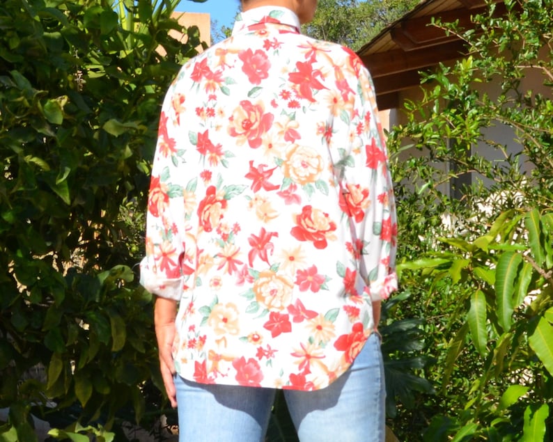 Vintage 90s viscose,whiteredbeigegreen colors,floral printed,long sleeve,button down sheer shirt,blouse.size S-M-L