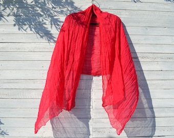 Vintage hot pink viscose crinkled big shawl,scarf.