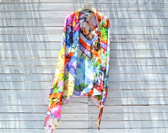 Vintage multi color floral cotton big maxi pareo wrap, shawl,scarf.