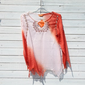 Mad Hat 90s stock terracotta/white tie dye embellished asymmetrical sheer tunic top. sizes s/m, m/L