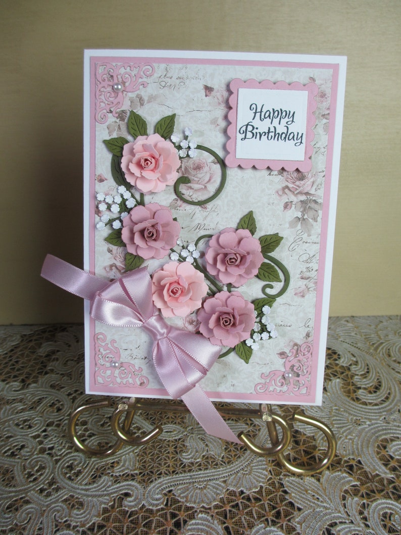 Handmade embellished pink and lavender roses birthday card