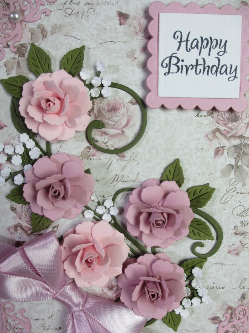 Handmade embellished pink and lavender roses birthday card