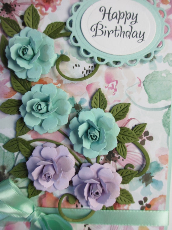 Handmade embellished pink and lavender roses birthday card