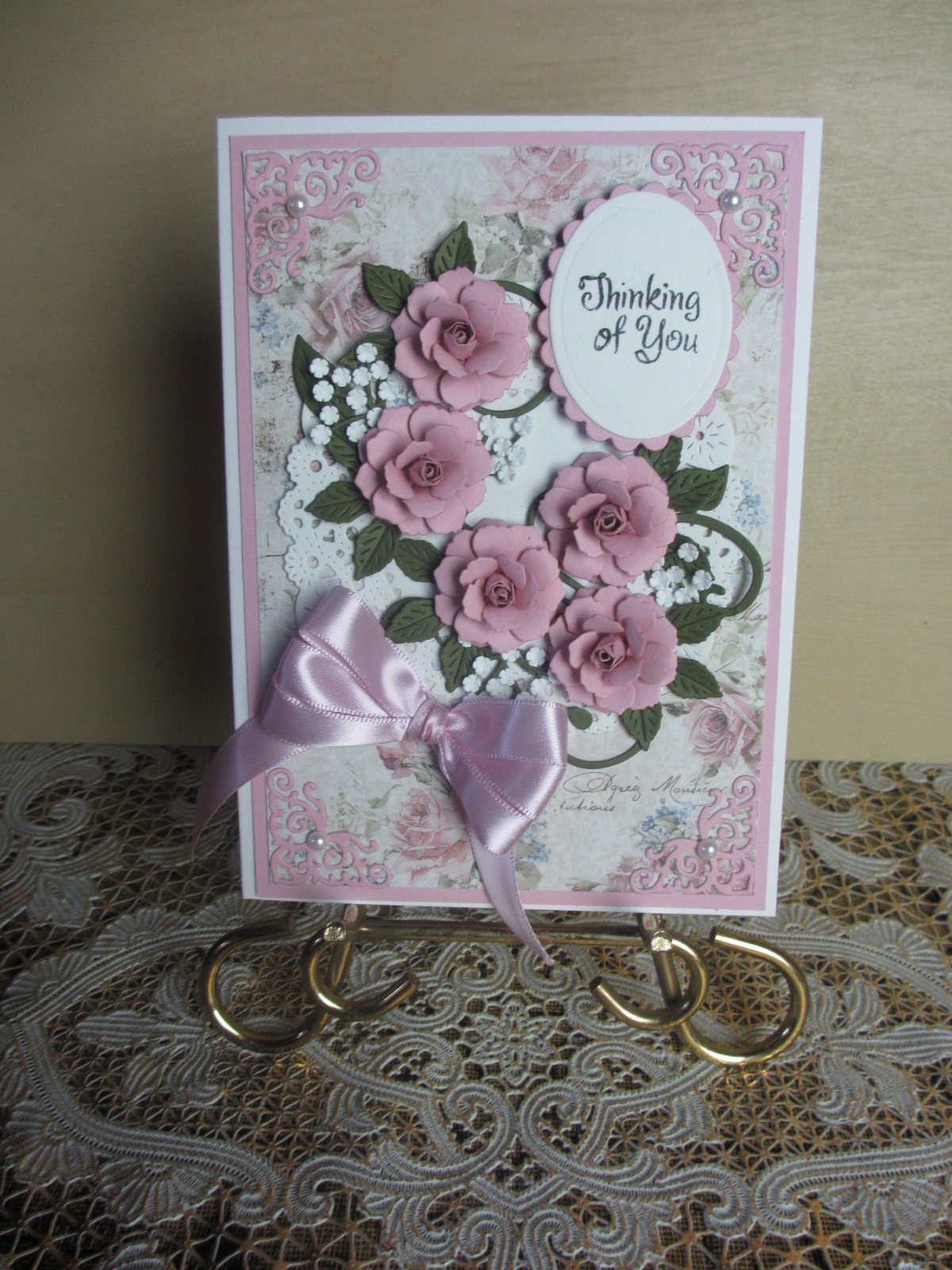 Handmade embellished pink and lavender roses birthday card