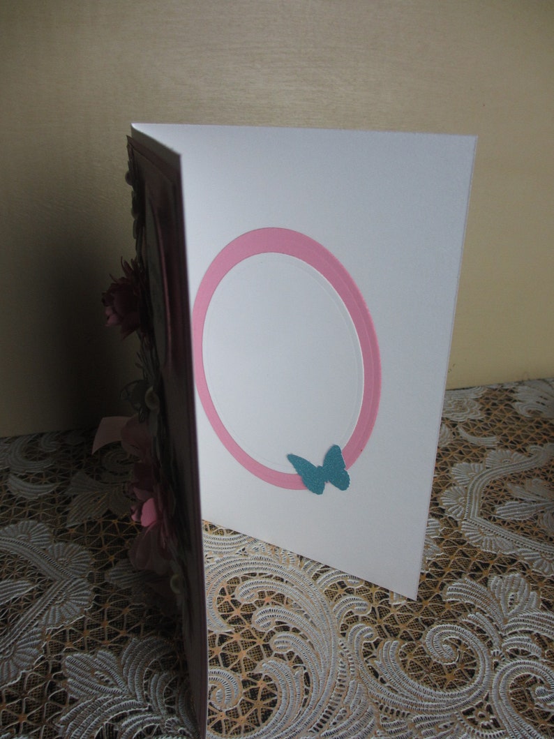 Handmade embellished pink gingham background with pink roses and white daisies thinking of you card with butterfly