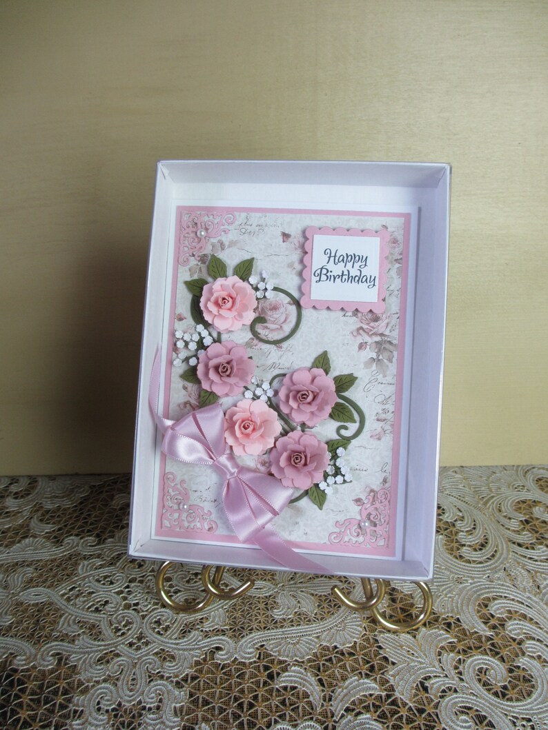 Handmade embellished pink and lavender roses birthday card