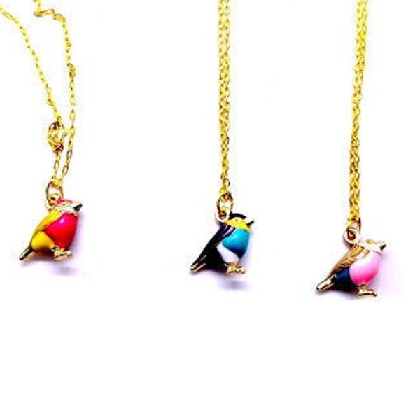 Enamel and Goldtone Tiny Two Tone Bird Necklace  Your choice of color: Pink and Blue, Pink and Yellow or Purple and Blue