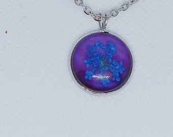 Blue Flower Purple Resin Glass Pendant Necklace