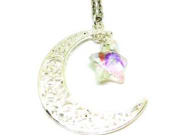 Silver Plate Crescent Moon and Star Crystal Aurora AB Necklace