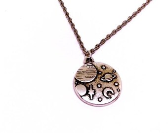 Space Necklace Moon Planets Galaxy Antique  Silver Tone Necklace 18 inches