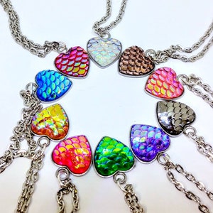 Dragon Scale Mermaid Betta Fish Scale Heart Necklace You pick Green Purple White Blue Bronze Gunmetal Orange  Pink Red color shift jewelry