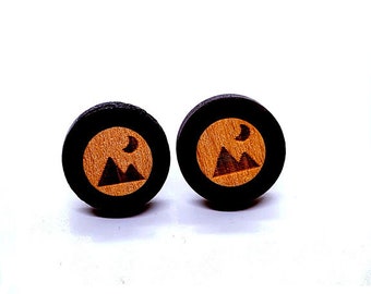 Laser Etched Wood Post Stud Earrings  Mountain Moon Camping Natural Jewelry 18MM outer 12 MM Inner diameter