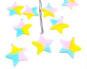 Yellow Pink and Blue Glitter Resin Kawaii Fairy Kei Star Necklace