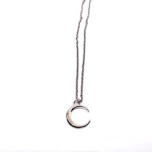 Op de afbeelding: Een zilveren ketting met een halve maan hanger.