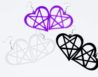 Black White or Purple Heart Pentagram Acrylic Earrings  Your Choice of Color