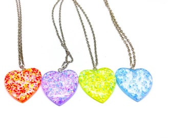 Clear Colorful Glitter Heart Necklace  Your Choice of Blue Purple Yellow Blue