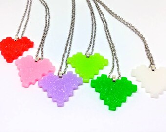 8 Bit Pixel Heart Necklace Video Game Gamer Geek Gift 6 Colors You Pick