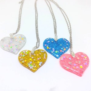 Heart Necklace Glitter Star Holographic Pendant  Your choice of Clear, Pink, Blue or Gold