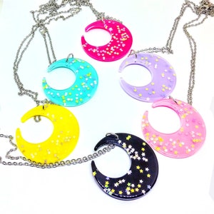 Pastel Glitter Crescent Moon Dangle Necklace Light Pink Dark Pink Black Yellow Light Blue Purple  Your Pick