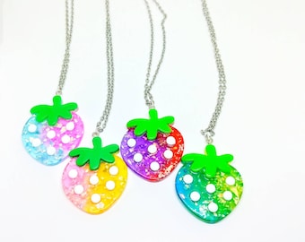 Food Jewelry Pastel Glitter Strawberry Kawaii Lolita Resin  Necklace 18 inch chain Your Choice of Color