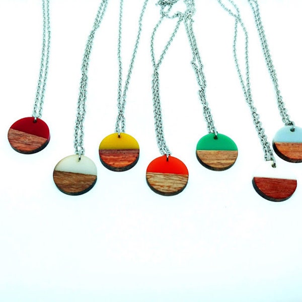 Minimalist Wood and Resin Round Circle Pendant Necklace Your Choice of Color