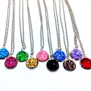Faux Druzy Fake Crystal Round Dainty Minimalist Pendant Necklace Pick your favorite color