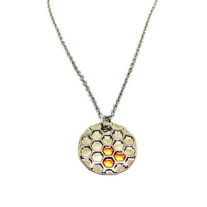 Silver Honeycomb Gold Enamel Honey Medallion Apiary Necklace Great Gift for your nature lover
