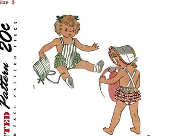 May include: A vintage Simplicity sewing pattern from 1944 for a child's two-piece swimsuit. The pattern is for size 3 and includes a ruffled swimsuit top and bottom, and a sunbonnet. The pattern is printed on a white background with black lines.