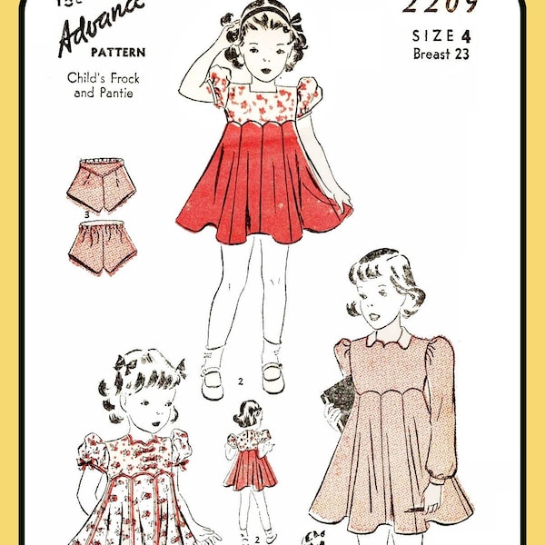 Child's DRESS and Pantie FROCK Girl's Advance 2209 RARE Vintage 1940's Sewing Pattern