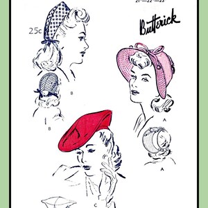 May include: Vintage hat pattern illustration featuring three different hat styles. The image includes the text "ONE SIZE Adjustable to Head Sizes 21"-22"-23"" and the brand name "Butterick". The hats are shown in red, pink, and patterned fabric.