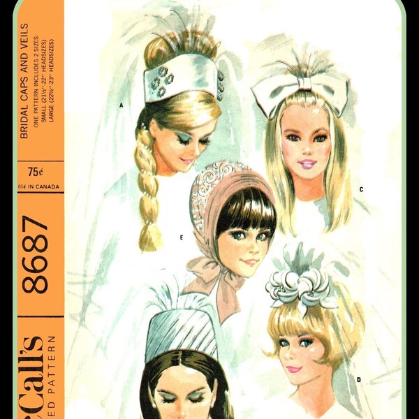 BRIDAL Caps and VEILS Pillbox FLOWER Bow McCall's 8687 Vtg 1967 Sewing Pattern