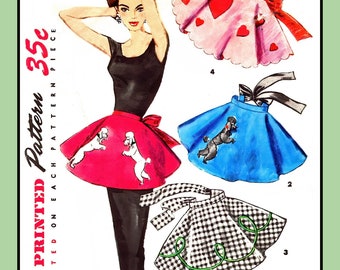 Poodle Skirt Style Half Apron with POODLES or HEARTS Appliques Novelty Simplicity 1357 Vintage 1955 Sewing Pattern