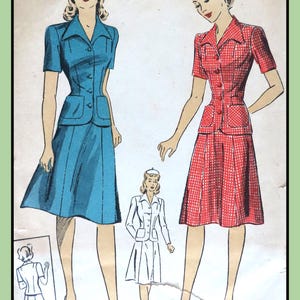 May include: A vintage sewing pattern envelope illustration featuring two outfits: a solid blue jacket and skirt set, and a red and white checkered jacket and skirt set. Both outfits include short sleeves, notched collars, and front pockets. Text reads Size 12, Bust 30.