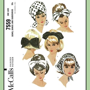 May include: A vintage sewing pattern for bows, bands, and babushkas. The pattern shows six different styles of headwear, including a polka dot turban, a white bow headband, a black bow headband, a white bow headband, a patterned babushka, and a plain babushka. The pattern number is 7559.