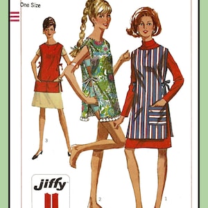 May include: Simplicity sewing pattern number 7411 for a one-size dress. The pattern includes three different styles: a red dress with a white apron, a floral print dress with a white trim, and a blue and white striped dress with a red waistband. The pattern is labeled "easy cut, easy sew" and includes two main pattern pieces.