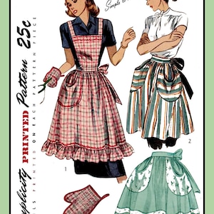 May include: Vintage Simplicity printed pattern featuring three apron designs. The aprons include a red and white checkered apron, a striped apron, and a green apron with white floral accents. The text reads "Simple to Make" and "Simplicity is America's Fashion."