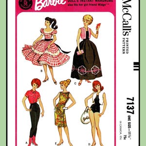 May include: A McCall's printed pattern envelope for a Barbie doll's instant wardrobe, numbered 7137. The cover features illustrations of five dolls wearing various outfits, including a red gingham dress, a black skirt with a pink vest, and a swimsuit.