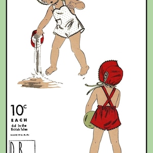 May include: Vintage sewing pattern for children's summer clothing. The pattern includes two designs: a white romper with a polka dot pattern and a red romper with a white trim. Both designs feature a matching sun hat. The pattern is for size 2 and is priced at 10 cents each. The pattern is from the Du Barry Guaranteed Patterns brand.