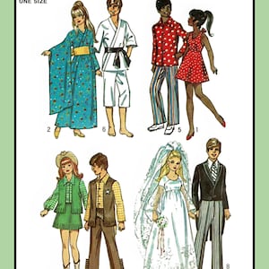 May include: A vintage Simplicity sewing pattern for making doll clothes. The pattern includes eight different outfits, including a kimono, a karate outfit, a striped shirt and trousers, a red dress, a cowboy outfit, a wedding dress, and a tuxedo. The pattern is for one size and is printed on a white background with black text.