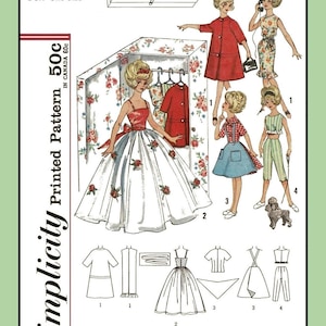 May include: Simplicity sewing pattern number 4883 for a doll. The pattern includes instructions for making five outfits: a red coat, a floral dress, a blue and white gingham dress, a green and white striped top and pants, and a white dress with red roses. The pattern is printed on white paper with black text and illustrations.
