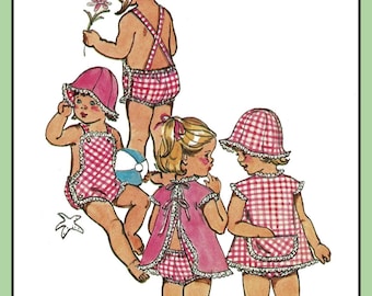May include: Vintage Simplicity sewing pattern 5702 for toddler swimwear. The illustration shows four children in various outfits, including a swimsuit, sun hats, and dresses. The outfits are in a pink and white gingham pattern. The pattern includes size 2 and breast 21 measurements.