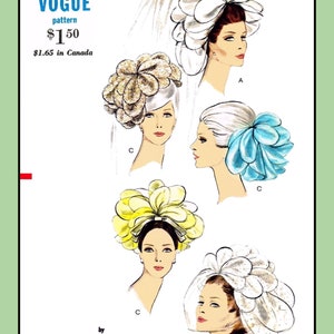 May include: A vintage Vogue sewing pattern for a hat, featuring four different styles of hats with large, dramatic flower embellishments. The pattern is by Halston of Bergdorf Goodman and is for one size.