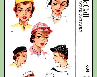 Ladies HAT Pattern Cap Pillbox 4 Styles Adjustable Sizes 21-1/2"-22-1/2" McCall 1604 Vtg 1951