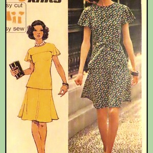 May include: A vintage sewing pattern featuring two women wearing dresses. The woman on the left is wearing a yellow dress with a skirt and a top. The woman on the right is wearing a green and white floral print dress. The pattern is titled "iffy knits" and includes the text "easy cut" and "easy sew".