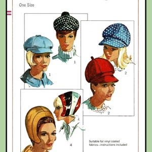 May include: A vintage Simplicity sewing pattern for four different styles of hats. The pattern is numbered 6702 and is priced at 50 cents. The hats are shown in various colors, including red, blue, yellow, and black.