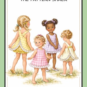 Puede incluir: Ilustración de cuatro niñas con vestidos de cuadros. Los vestidos son amarillos, rosas y lavanda, con ribete de encaje blanco. El texto "THE PATTERN SHACK" está en la parte superior de la imagen.