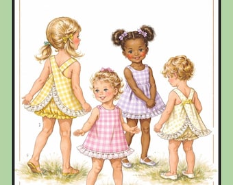 May include: Illustration of four young girls in gingham dresses. The dresses are in yellow, pink, and lavender, with white lace trim. The text "THE PATTERN SHACK" is at the top of the image.