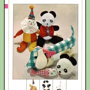 May include: Vintage Simplicity sewing pattern 7401 featuring stuffed animal designs. The pattern includes a clown, panda bear, dachshund, and other whimsical toy designs. The pattern is marked "One Size" and includes the price.