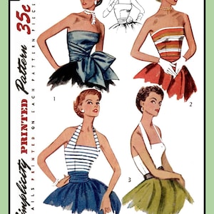 May include: A vintage Simplicity printed pattern with four dress designs. The pattern includes a strapless dress with a bow, a striped bodice dress, a halter dress, and a white halter dress. The text on the pattern reads "4320 Size 16 Bust 86cm" and "Simplicity Printed Pattern 35c".