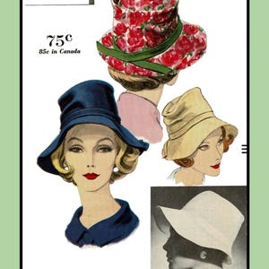 Puede incluir: Un patrón vintage para tres sombreros diferentes para mujeres. Los sombreros son de estampado floral, azul sólido y blanco sólido. El patrón es de John Frederics y está numerado 5020. El tamaño de la cabeza es 22. El precio es de 75 centavos, 85 centavos en Canadá.